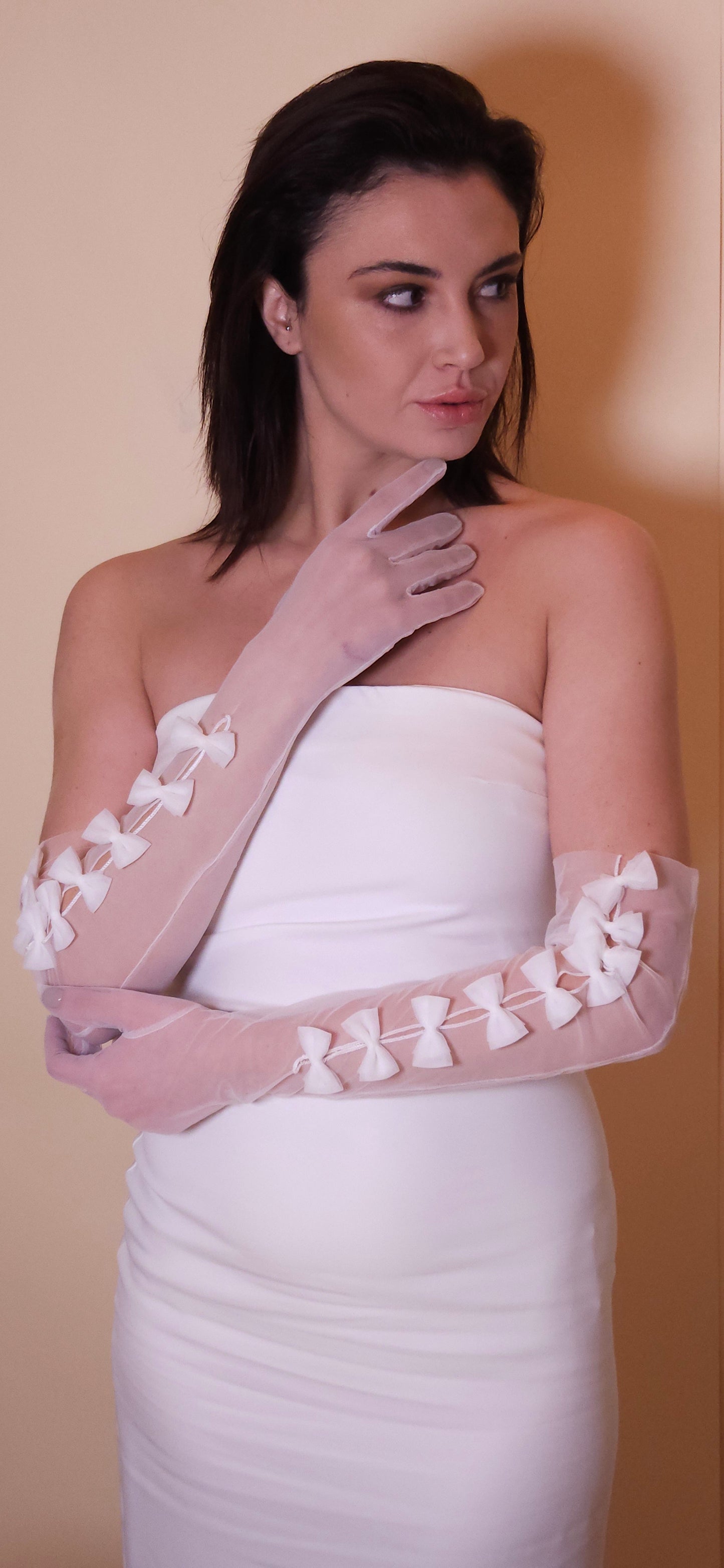 Long tulle gloves with bows, opera tulle gloves, gloves for weddings, bridal gloves, bridal accessories