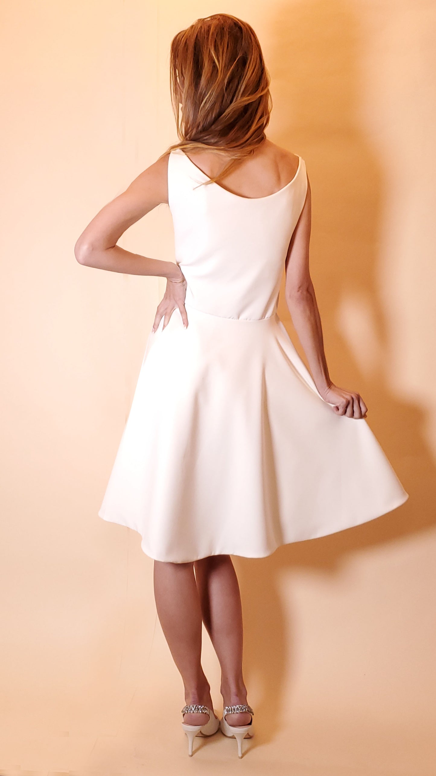 Minimalist bridal gown, circle skirt dress, bridal midi dress, simple wedding dress, short wedding dress, vintage bridal gown,