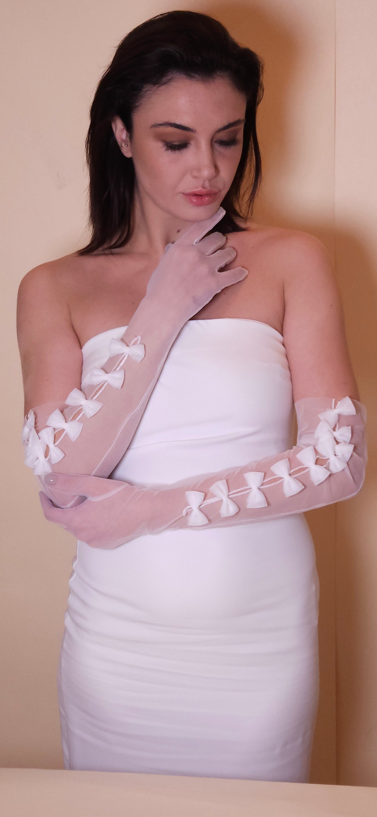 Long tulle gloves with bows, opera tulle gloves, gloves for weddings, bridal gloves, bridal accessories