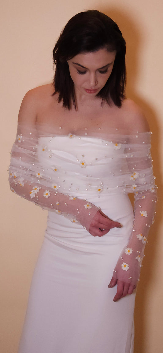 Off white bridal shawl | scarf |Daisy and pearls embroidery | tulle bridal wrap |off the shoulder bridal wrap |tulle wedding shawl