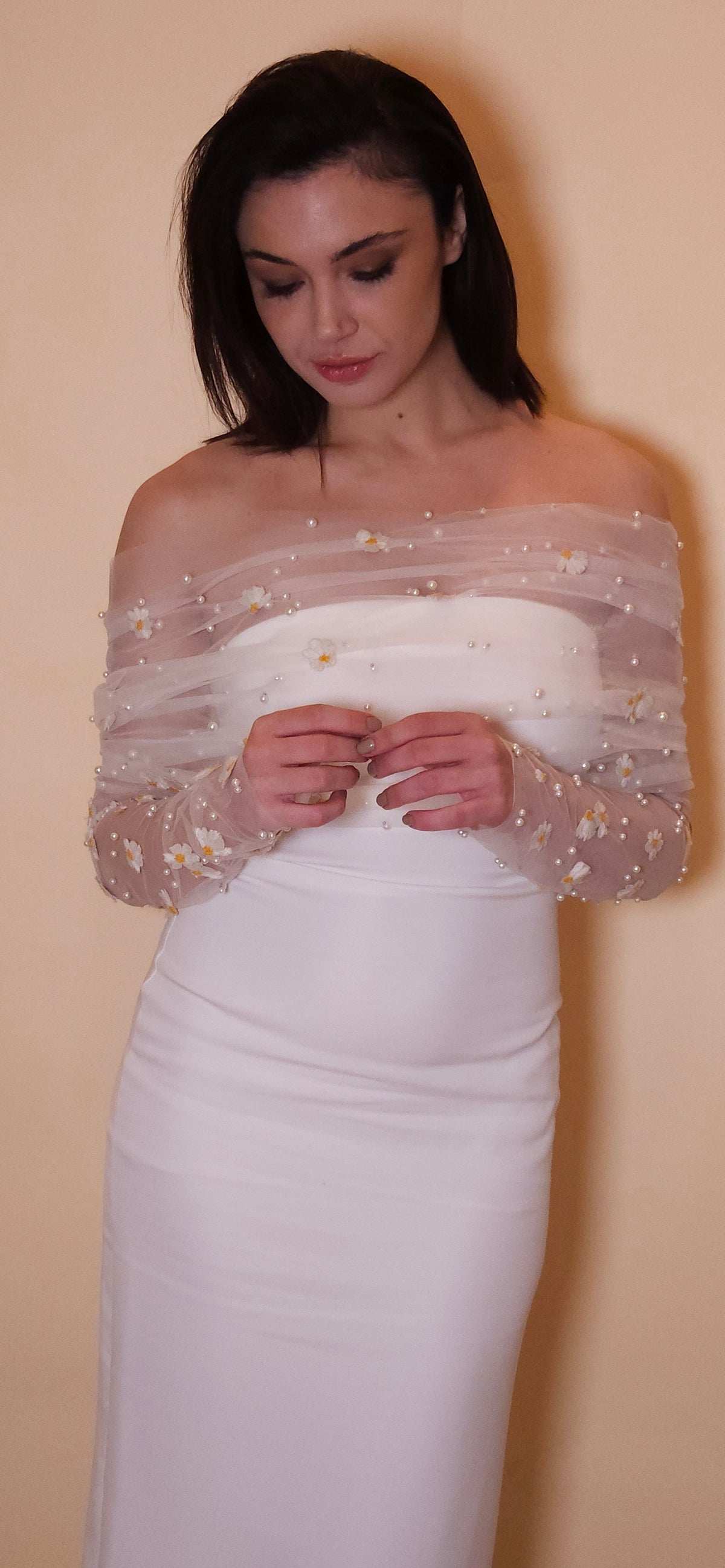 Off white bridal shawl | scarf |Daisy and pearls embroidery | tulle bridal wrap |off the shoulder bridal wrap |tulle wedding shawl