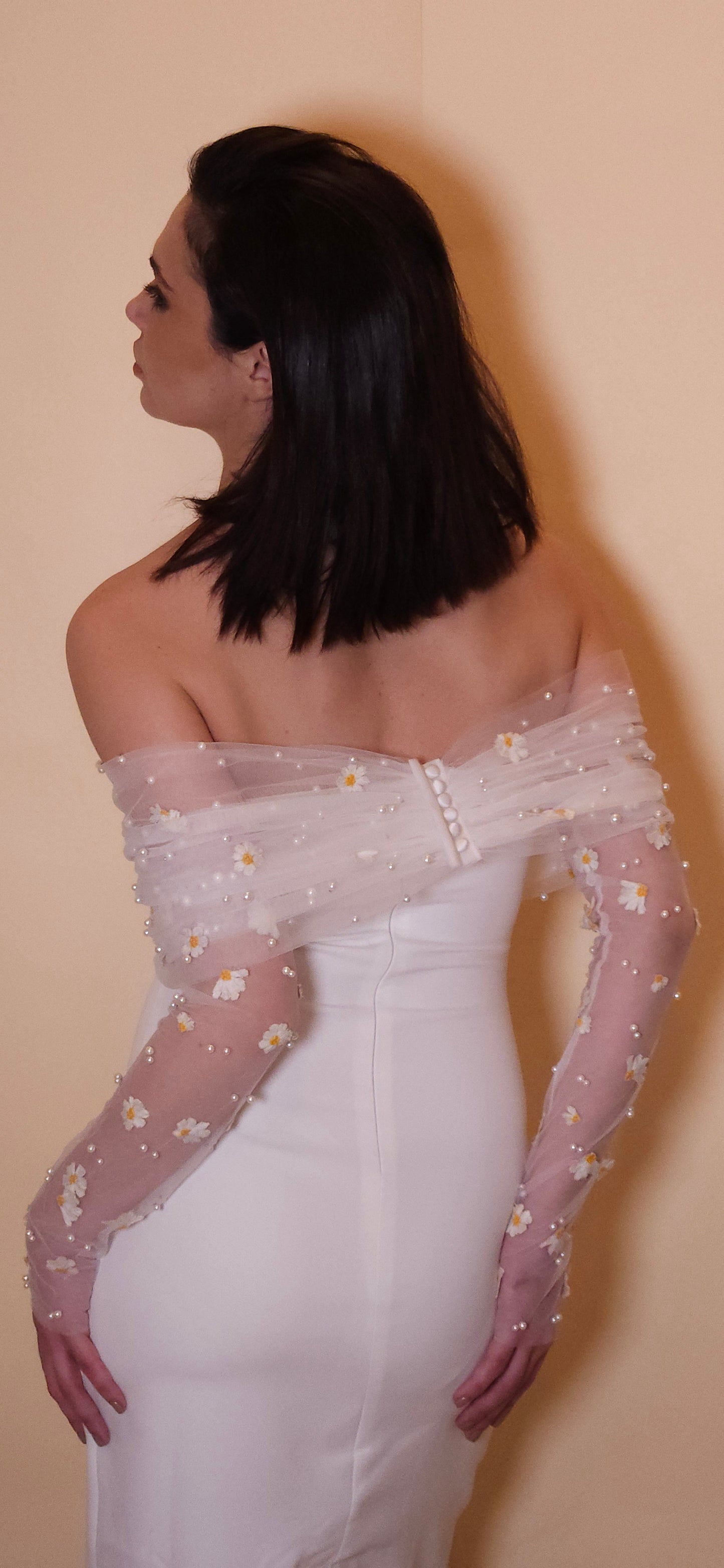 Off white bridal shawl | scarf |Daisy and pearls embroidery | tulle bridal wrap |off the shoulder bridal wrap |tulle wedding shawl