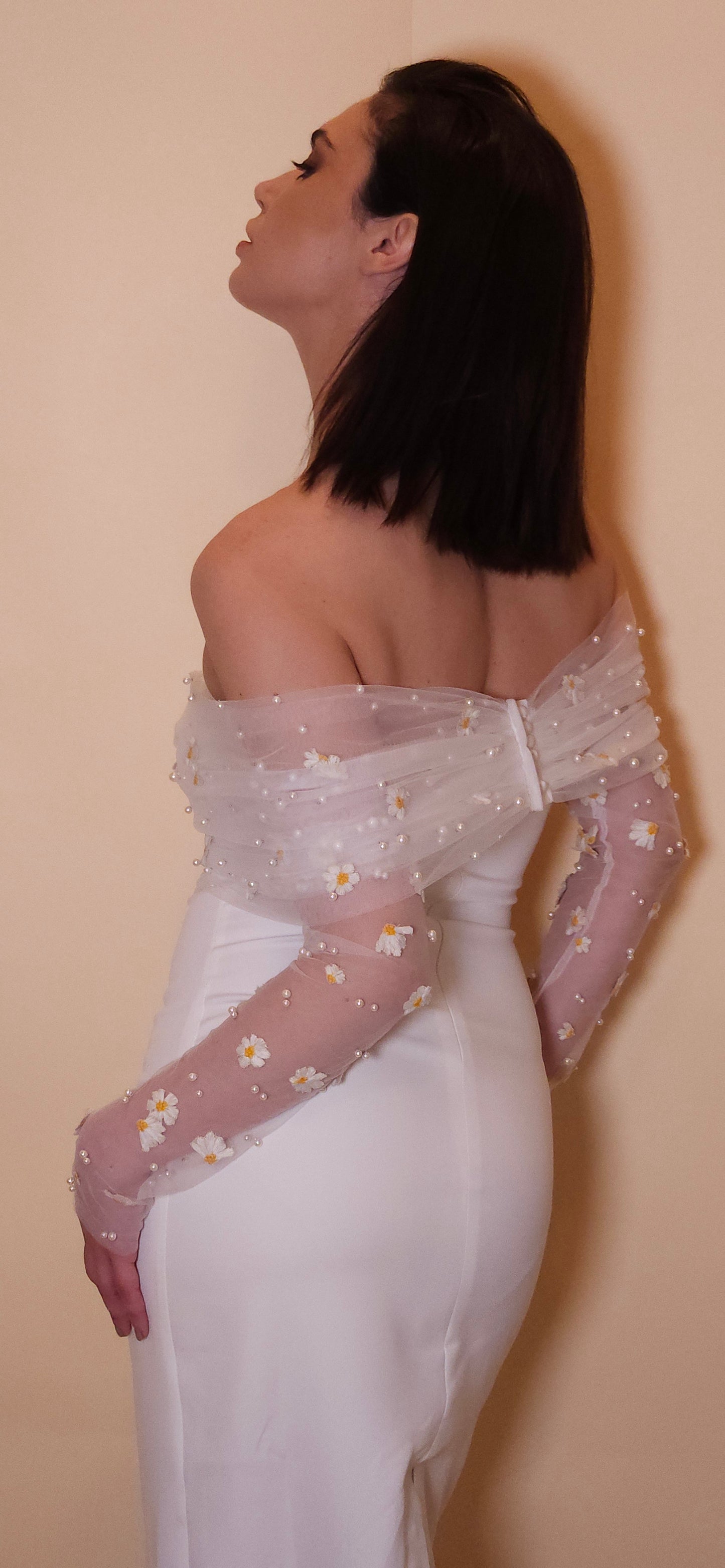 Off white bridal shawl | scarf |Daisy and pearls embroidery | tulle bridal wrap |off the shoulder bridal wrap |tulle wedding shawl