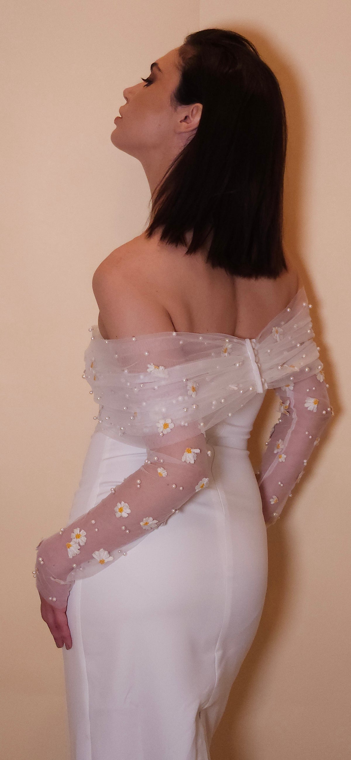 Off white bridal shawl | scarf |Daisy and pearls embroidery | tulle bridal wrap |off the shoulder bridal wrap |tulle wedding shawl