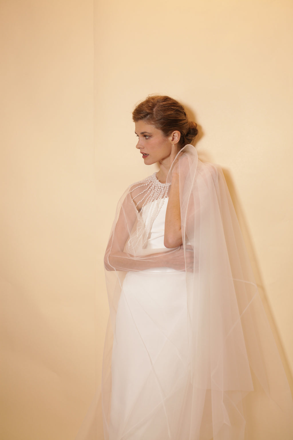 Bridal tulle cape with pearls neckline, full length cape with rows of pearls, bridal accessory, pearl neckline, bridal cover up