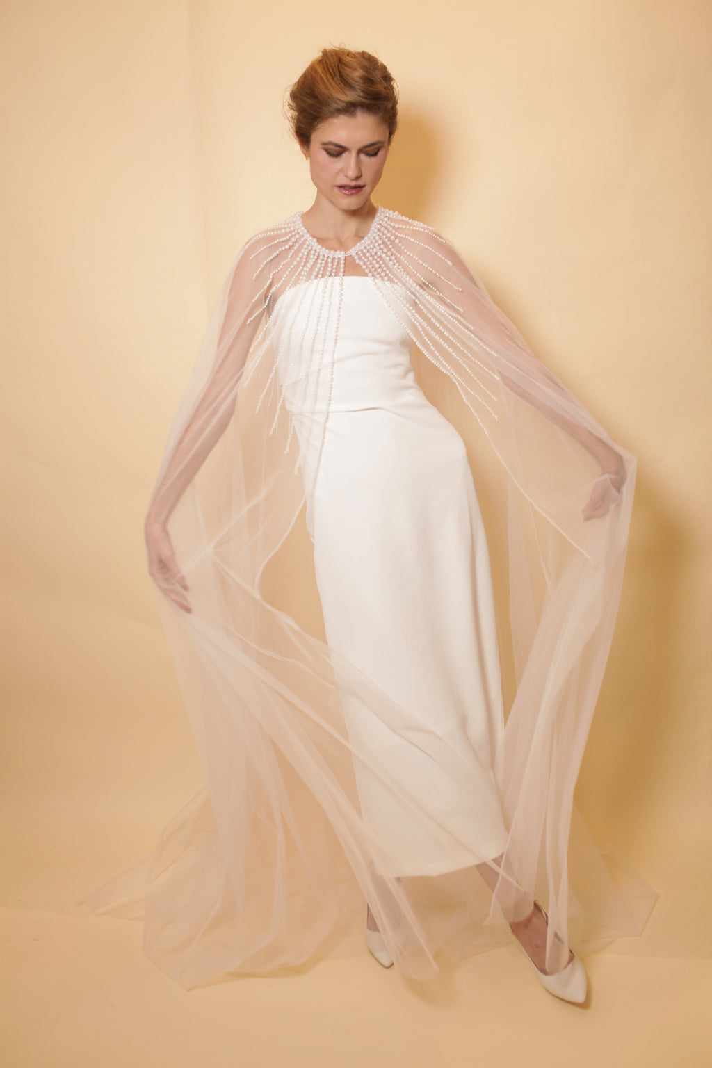 Bridal tulle cape with pearls neckline, full length cape with rows of pearls, bridal accessory, pearl neckline, bridal cover up