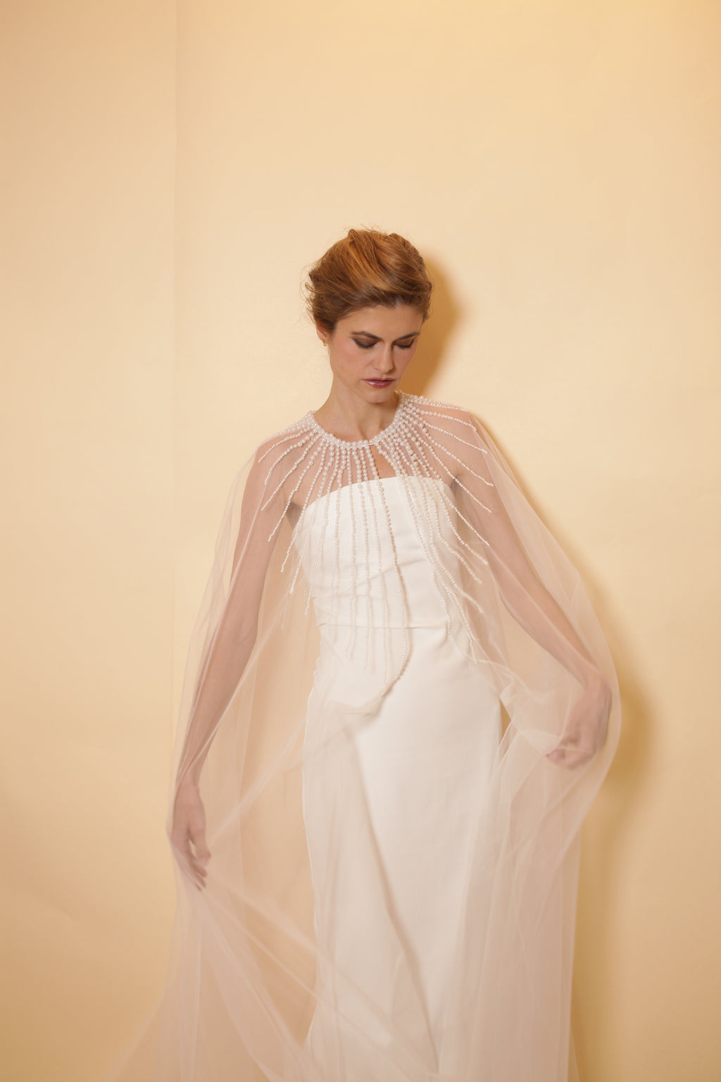 Bridal tulle cape with pearls neckline, full length cape with rows of pearls, bridal accessory, pearl neckline, bridal cover up