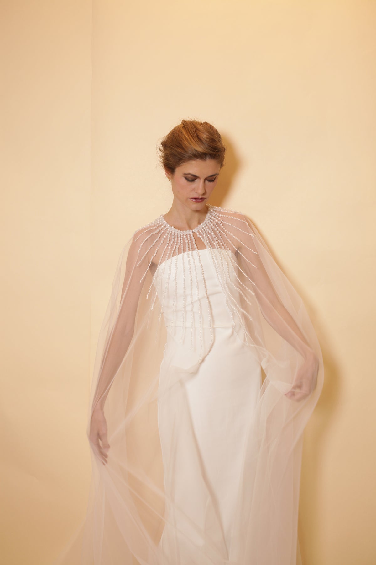 Bridal tulle cape with pearls neckline, full length cape with rows of pearls, bridal accessory, pearl neckline, bridal cover up