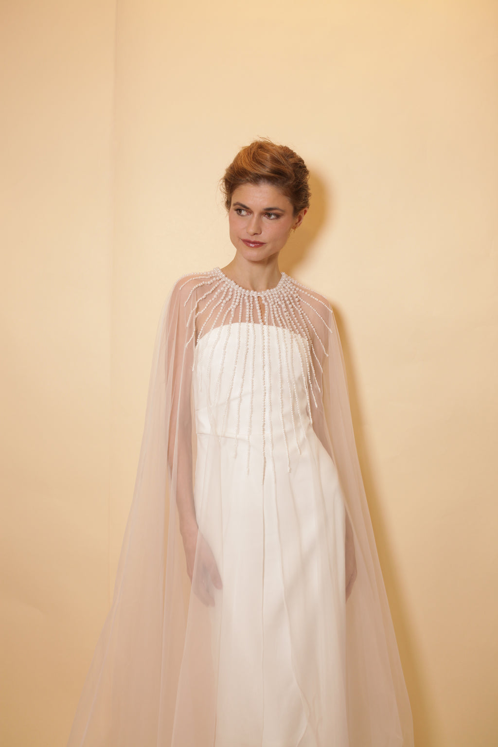 Bridal tulle cape with pearls neckline, full length cape with rows of pearls, bridal accessory, pearl neckline, bridal cover up