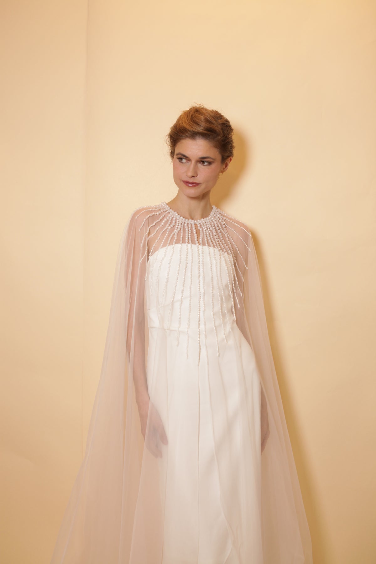 Bridal tulle cape with pearls neckline, full length cape with rows of pearls, bridal accessory, pearl neckline, bridal cover up