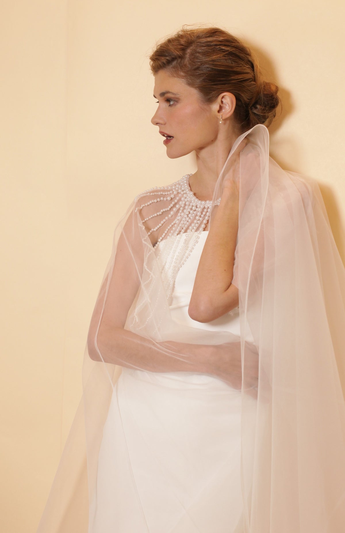 Bridal tulle cape with pearls neckline, full length cape with rows of pearls, bridal accessory, pearl neckline, bridal cover up