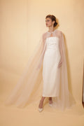 Bridal tulle cape with pearls neckline, full length cape with rows of pearls, bridal accessory, pearl neckline, bridal cover up