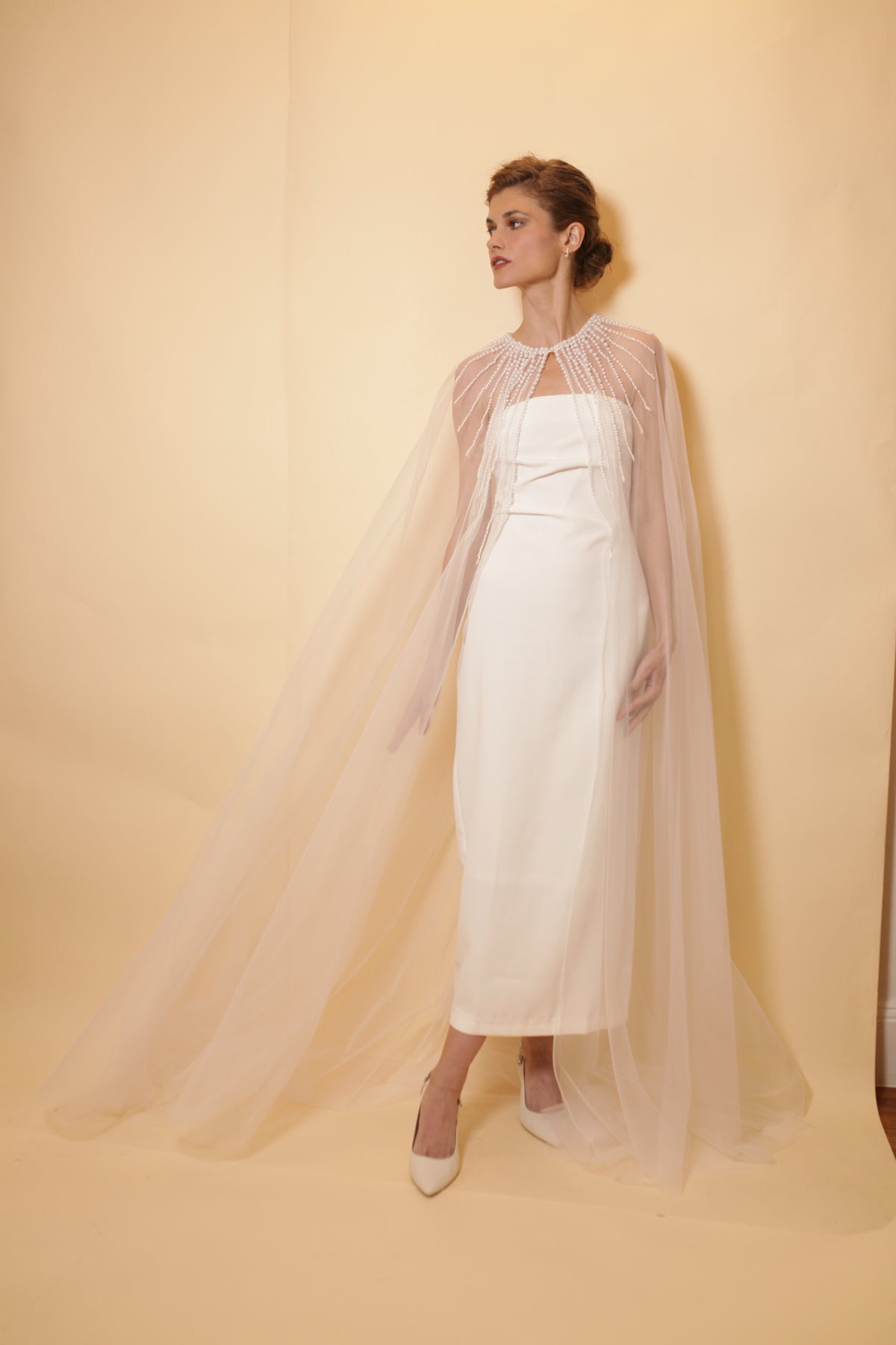 Bridal tulle cape with pearls neckline, full length cape with rows of pearls, bridal accessory, pearl neckline, bridal cover up