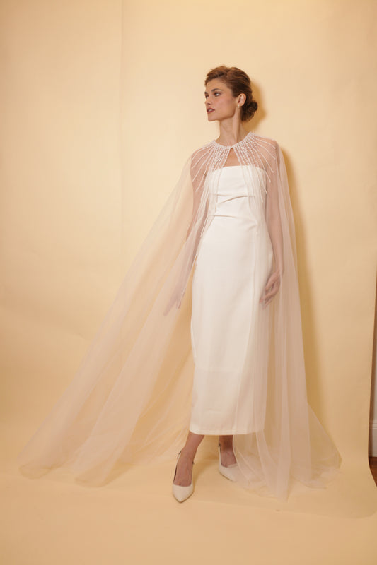 Bridal tulle cape with pearls neckline, full length cape with rows of pearls, bridal accessory, pearl neckline, bridal cover up