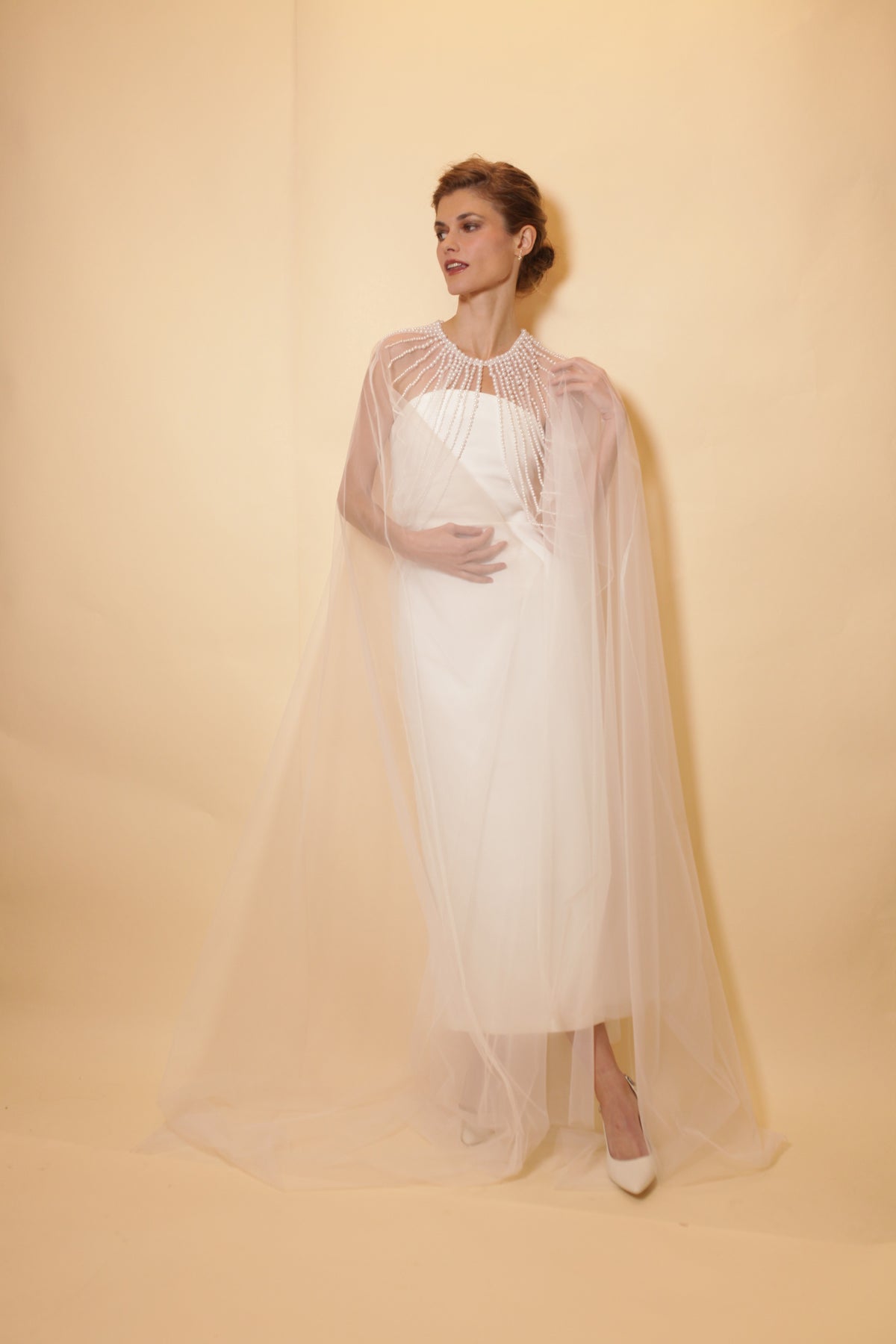 Bridal tulle cape with pearls neckline, full length cape with rows of pearls, bridal accessory, pearl neckline, bridal cover up