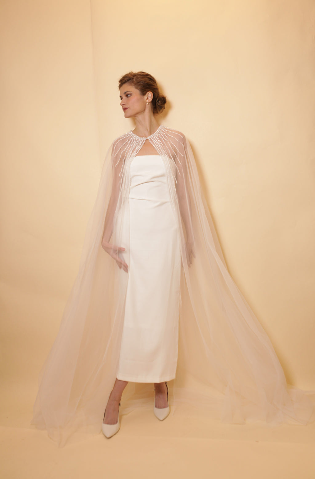 Bridal tulle cape with pearls neckline, full length cape with rows of pearls, bridal accessory, pearl neckline, bridal cover up
