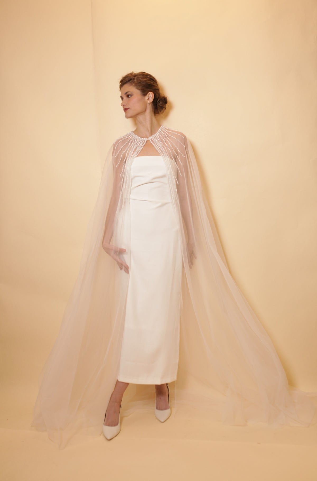 Bridal tulle cape with pearls neckline, full length cape with rows of pearls, bridal accessory, pearl neckline, bridal cover up