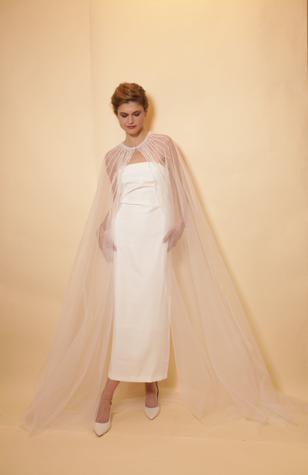 Bridal tulle cape with pearls neckline, full length cape with rows of pearls, bridal accessory, pearl neckline, bridal cover up