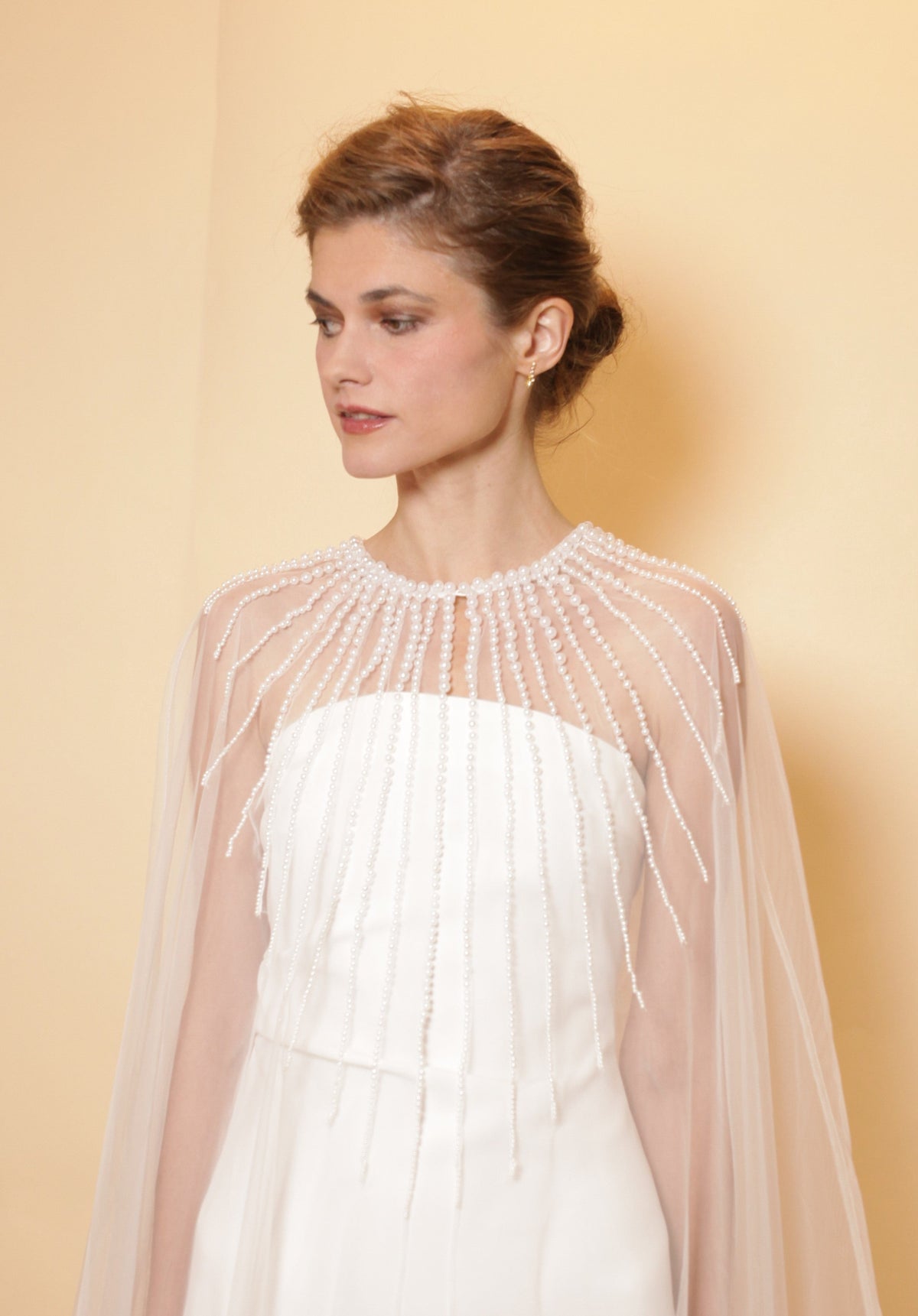 Bridal tulle cape with pearls neckline, full length cape with rows of pearls, bridal accessory, pearl neckline, bridal cover up