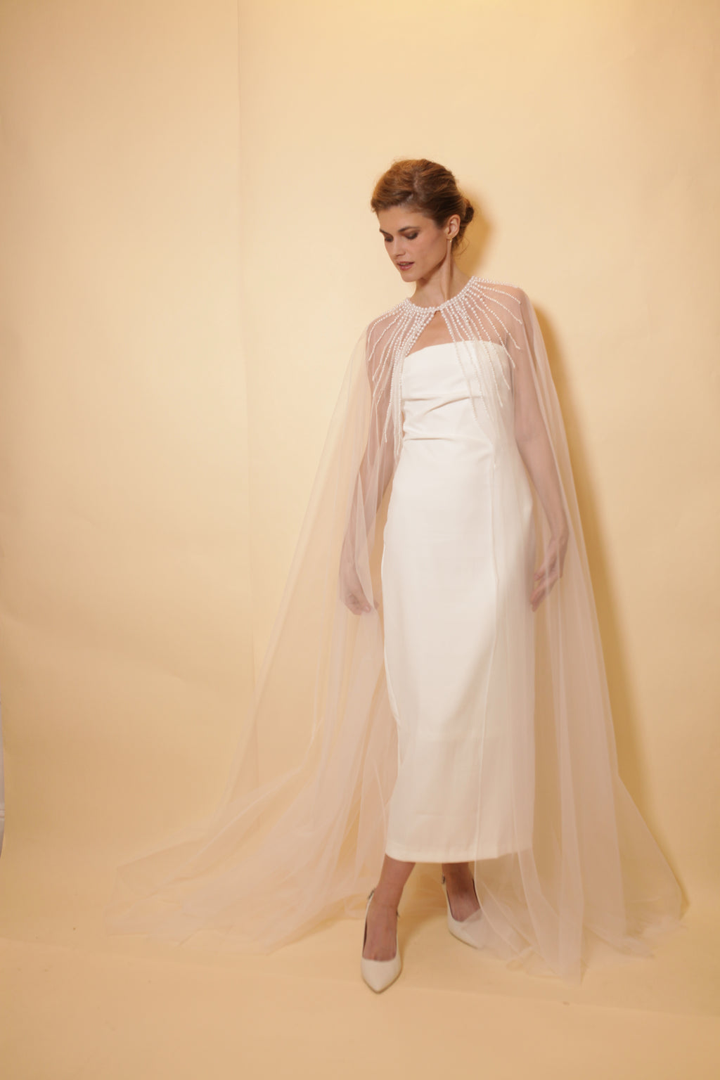 Bridal tulle cape with pearls neckline, full length cape with rows of pearls, bridal accessory, pearl neckline, bridal cover up