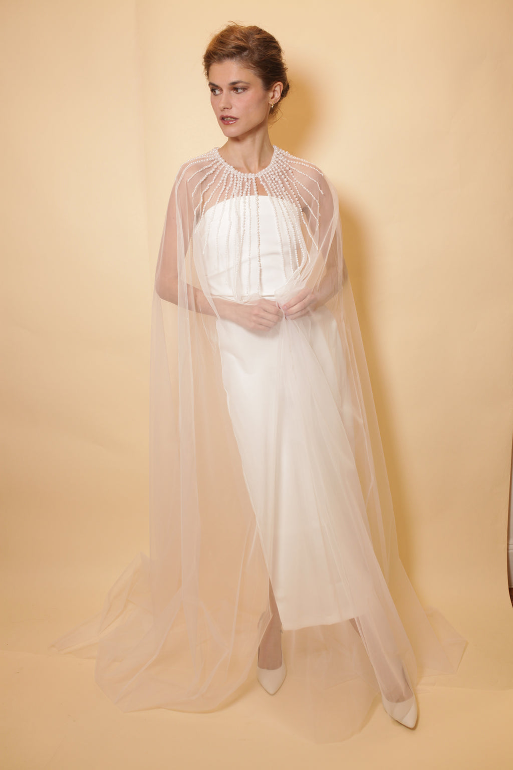 Bridal tulle cape with pearls neckline, full length cape with rows of pearls, bridal accessory, pearl neckline, bridal cover up