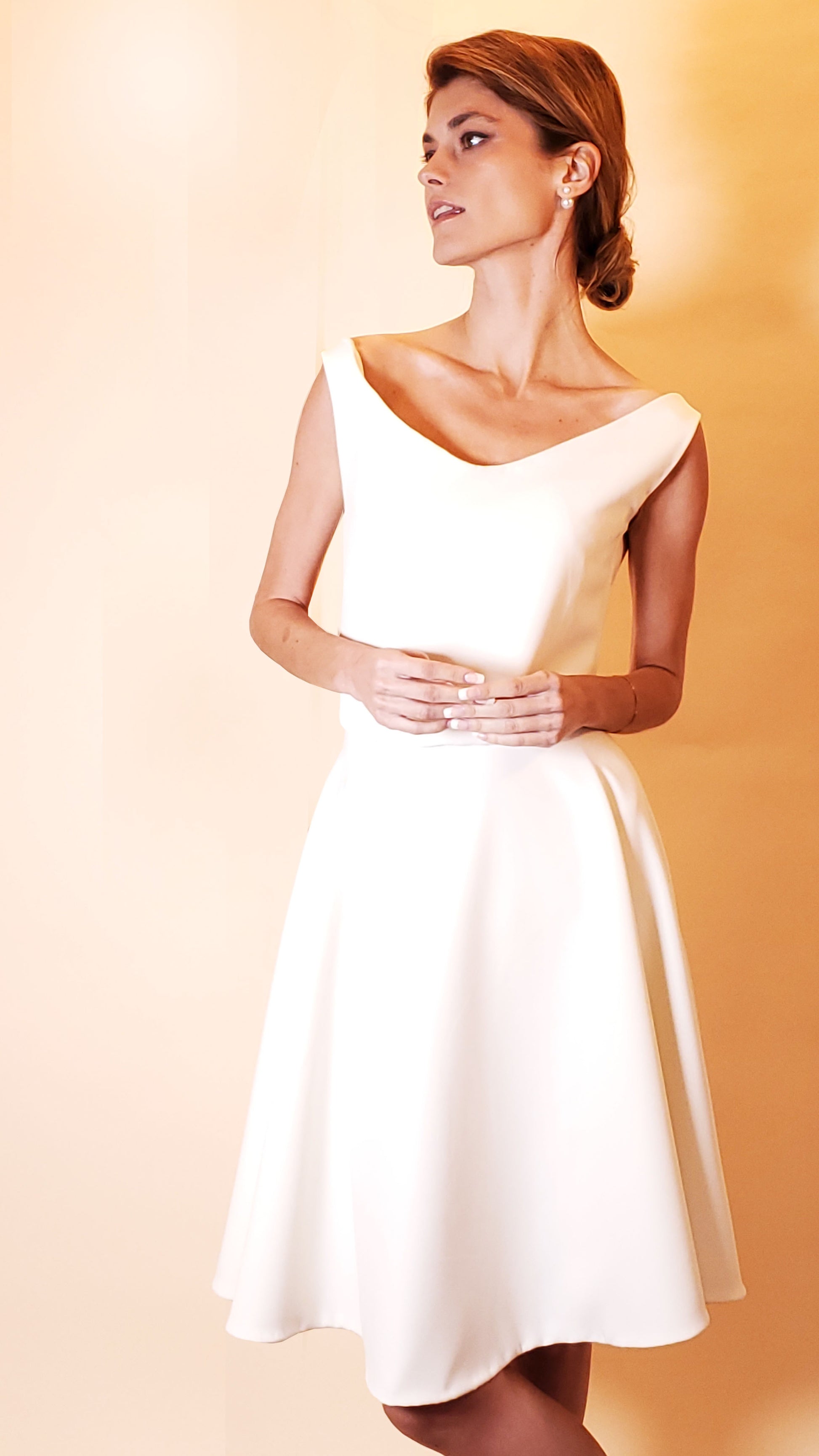 Minimalist bridal gown, circle skirt dress, bridal midi dress, simple wedding dress, short wedding dress, vintage bridal gown,