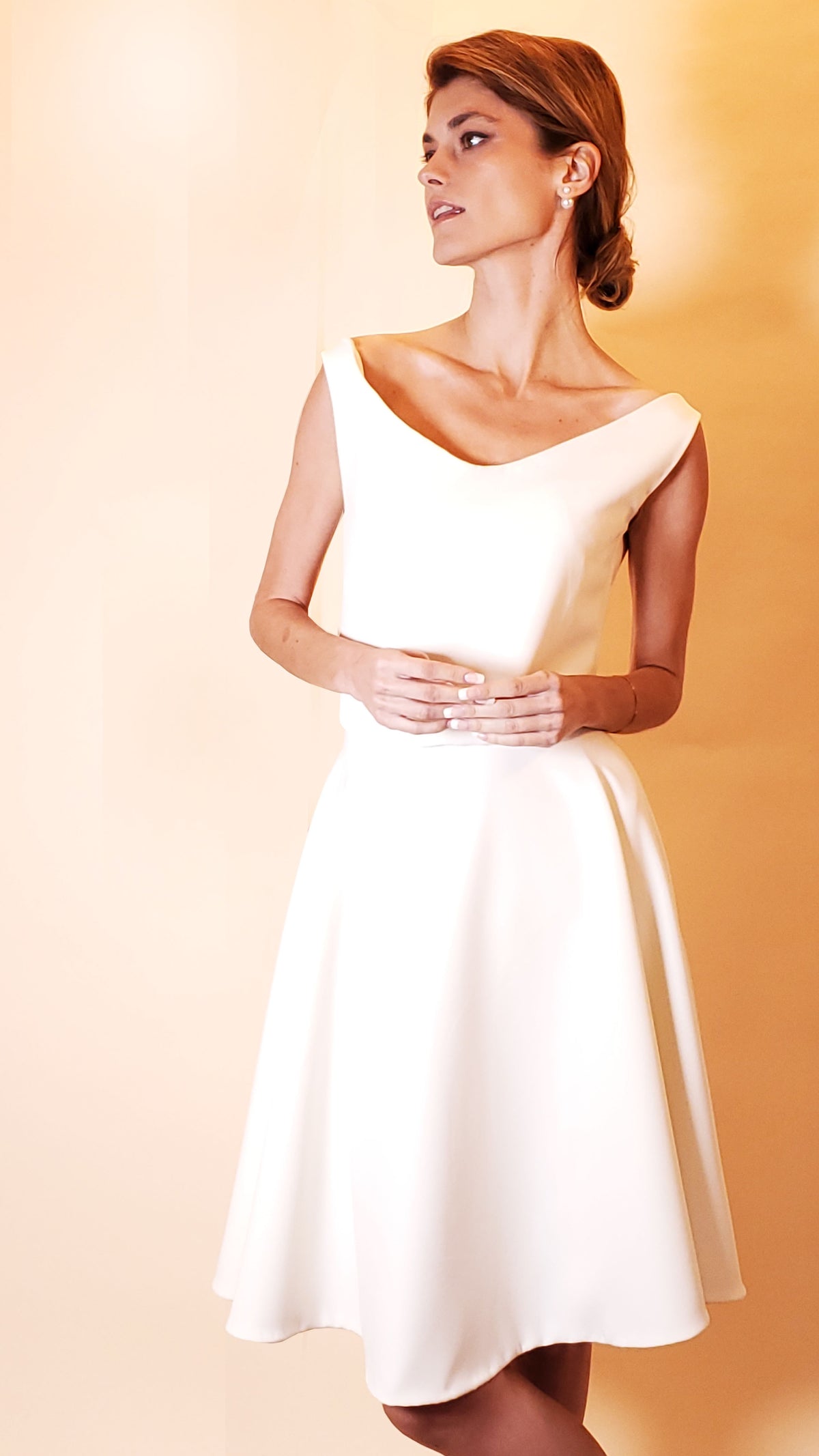Minimalist bridal gown, circle skirt dress, bridal midi dress, simple wedding dress, short wedding dress, vintage bridal gown,