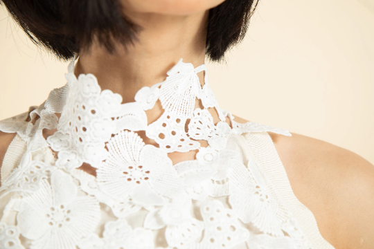 Engagement and small wedding parties dress| white midi dress in guipure lace| lace midi dress| halter neck dress| wedding dress semi casual