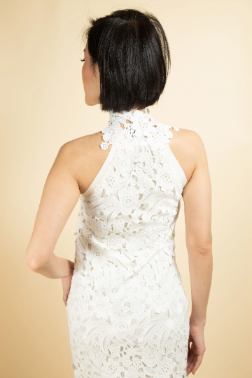 Engagement and small wedding parties dress| white midi dress in guipure lace| lace midi dress| halter neck dress| wedding dress semi casual